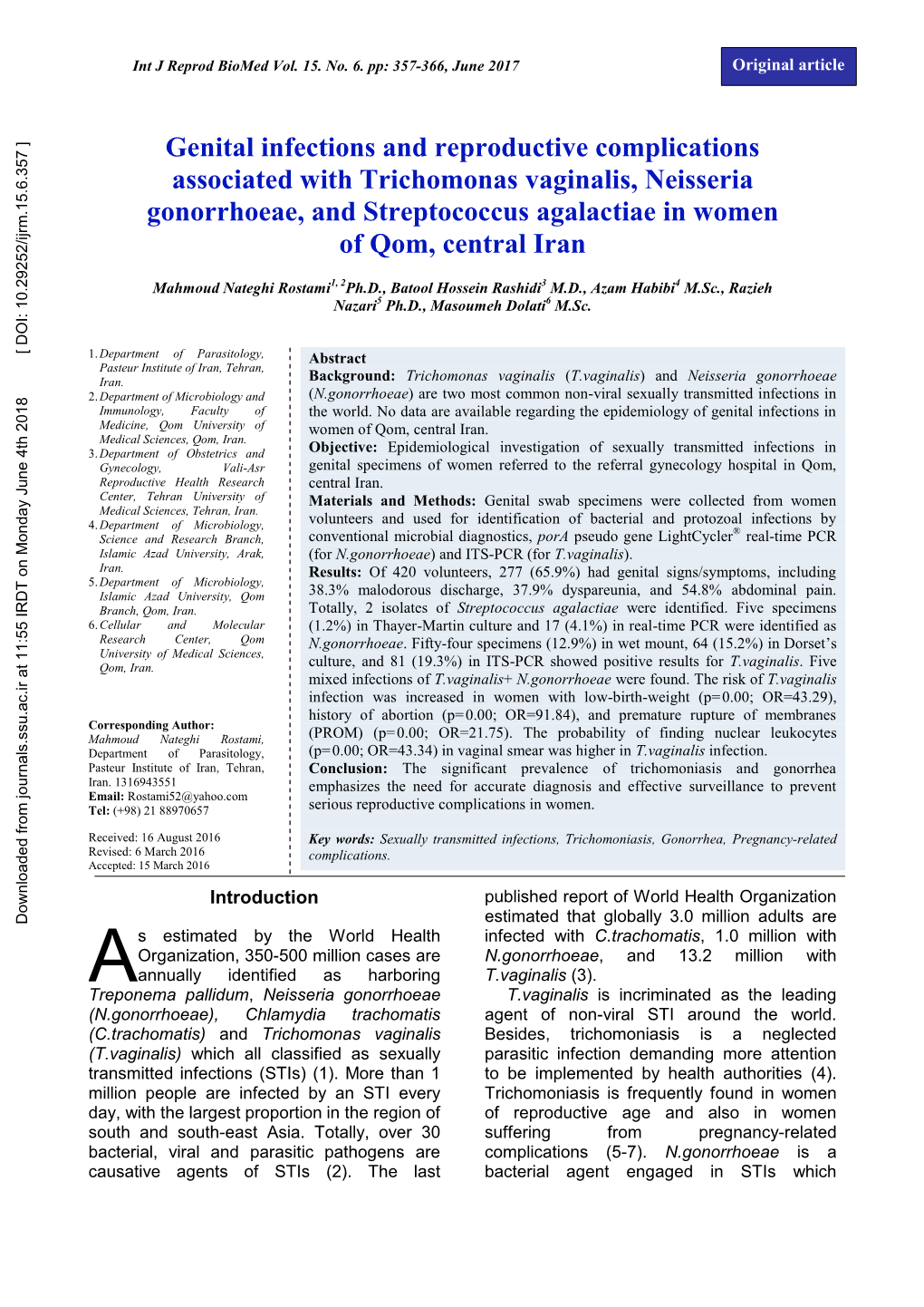 Genital Infections and Reproductive Complications Associated With