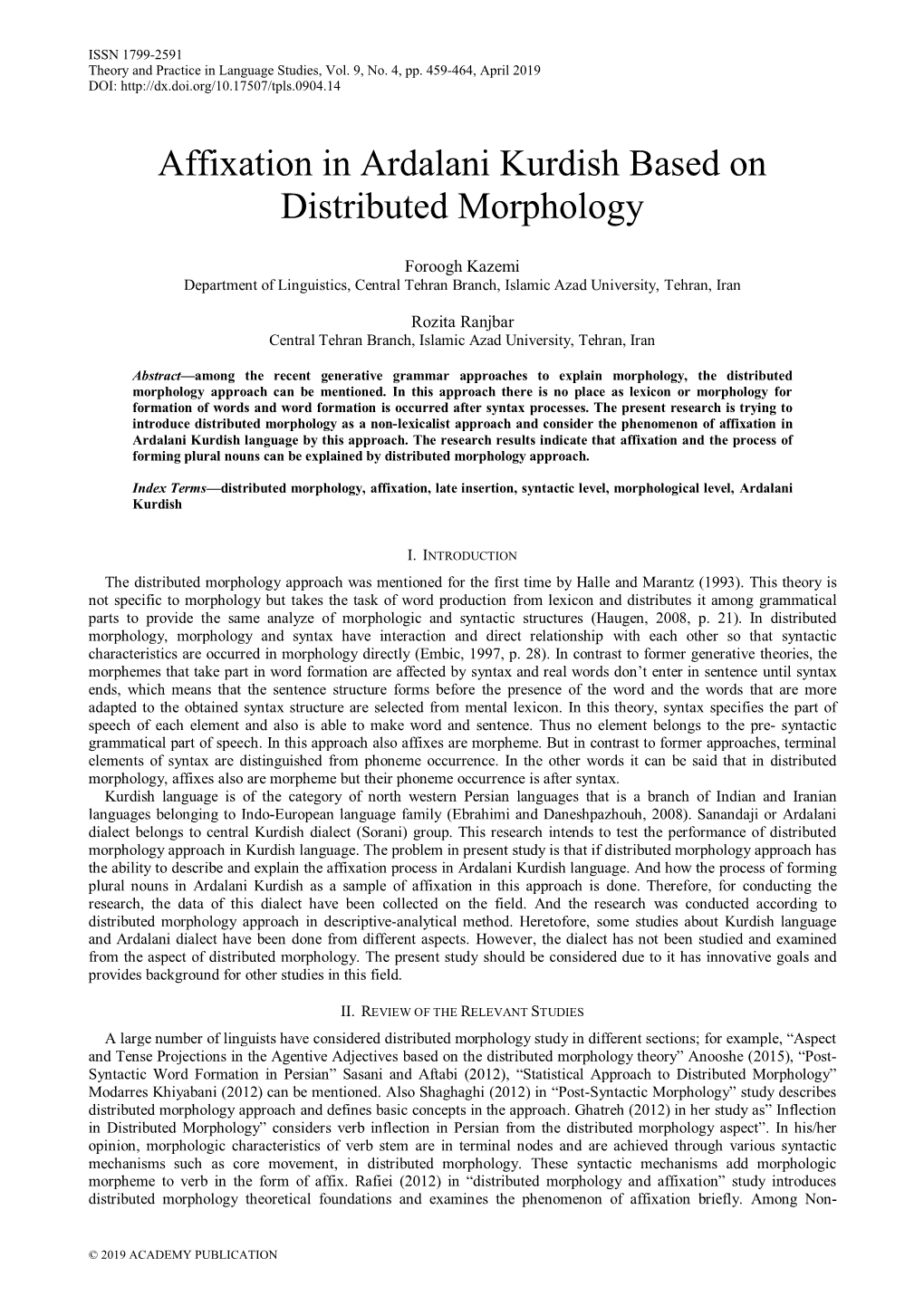 Affixation in Ardalani Kurdish Based on Distributed Morphology