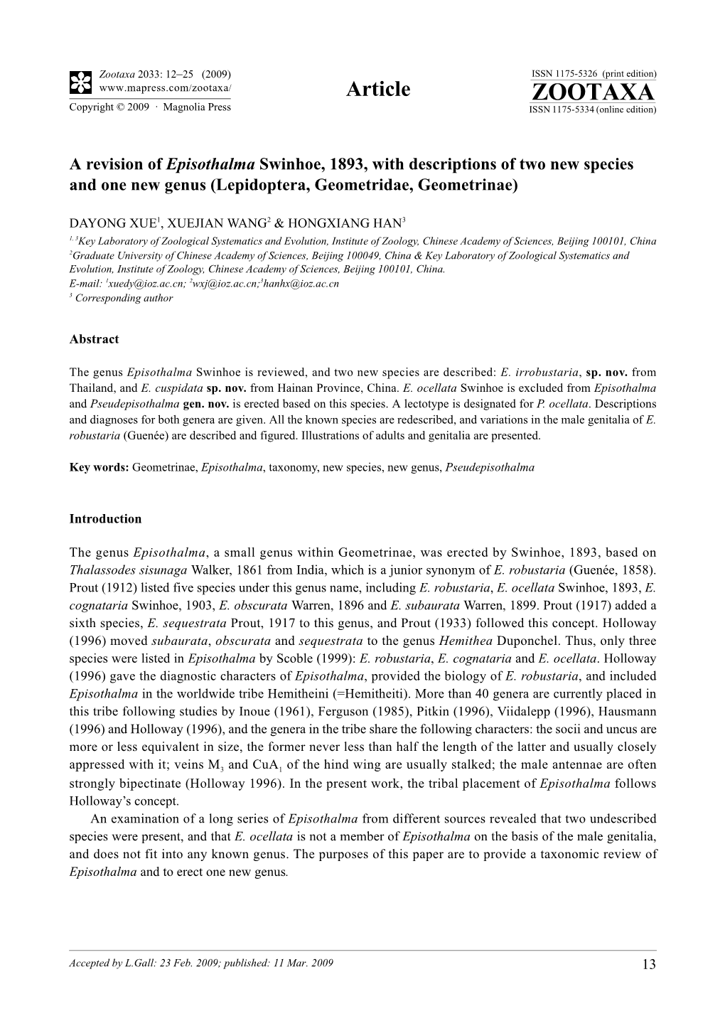 Zootaxa 2033: 12–25 (2009) ISSN 1175-5326 (Print Edition) Article ZOOTAXA Copyright © 2009 · Magnolia Press ISSN 1175-5334 (Online Edition)