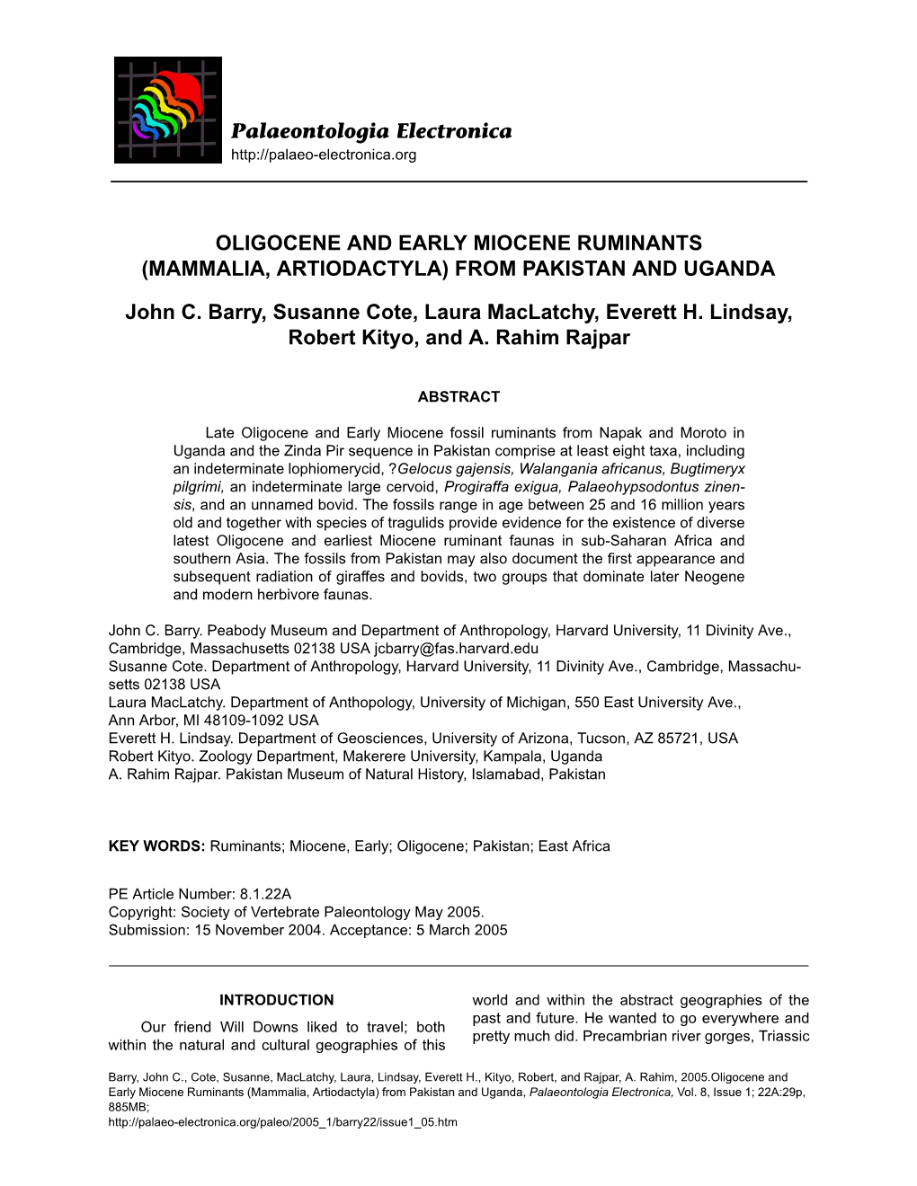 Oligocene and Early Miocene Ruminants (Mammalia, Artiodactyla) from Pakistan and Uganda