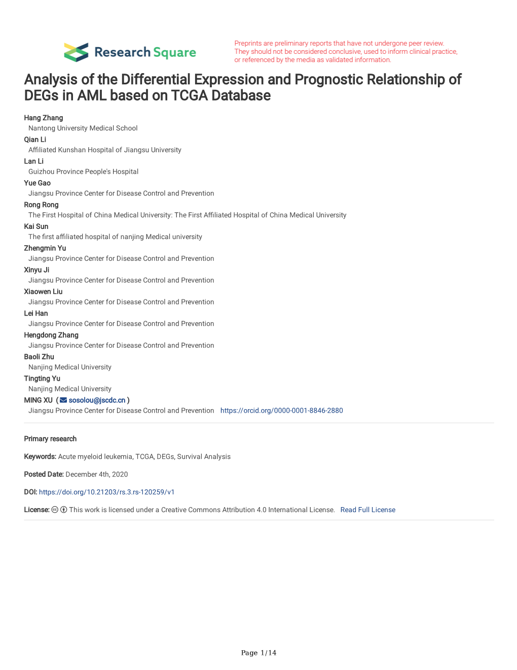 Analysis of the Differential Expression and Prognostic Relationship of Degs in AML Based on TCGA Database