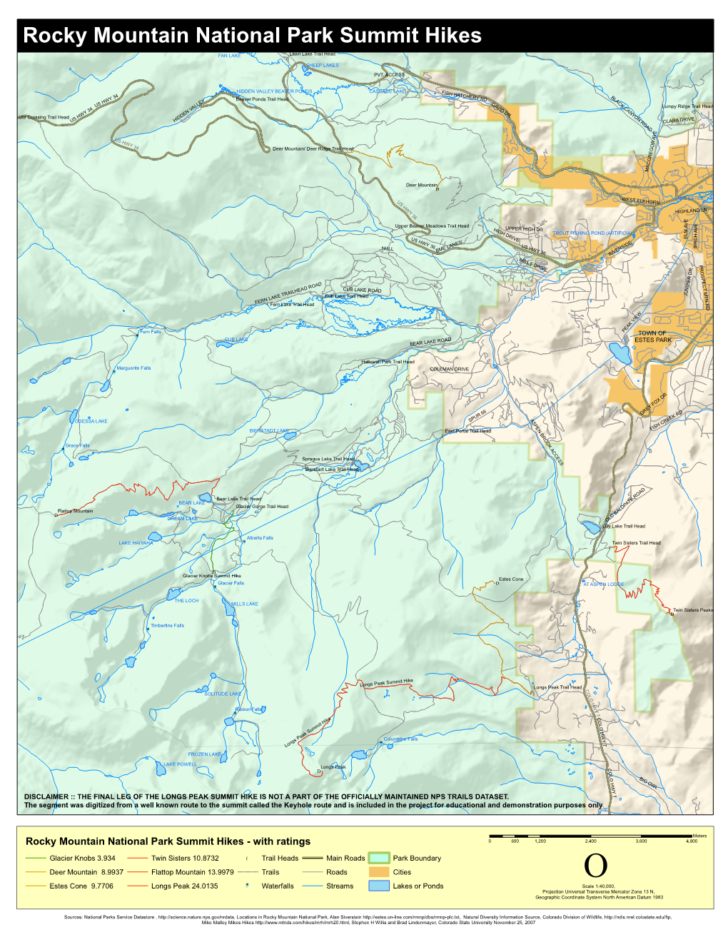 Rocky Mountain National Park Summit Hikes - with Ratings 0 600 1,200 2,400 3,600 4,800