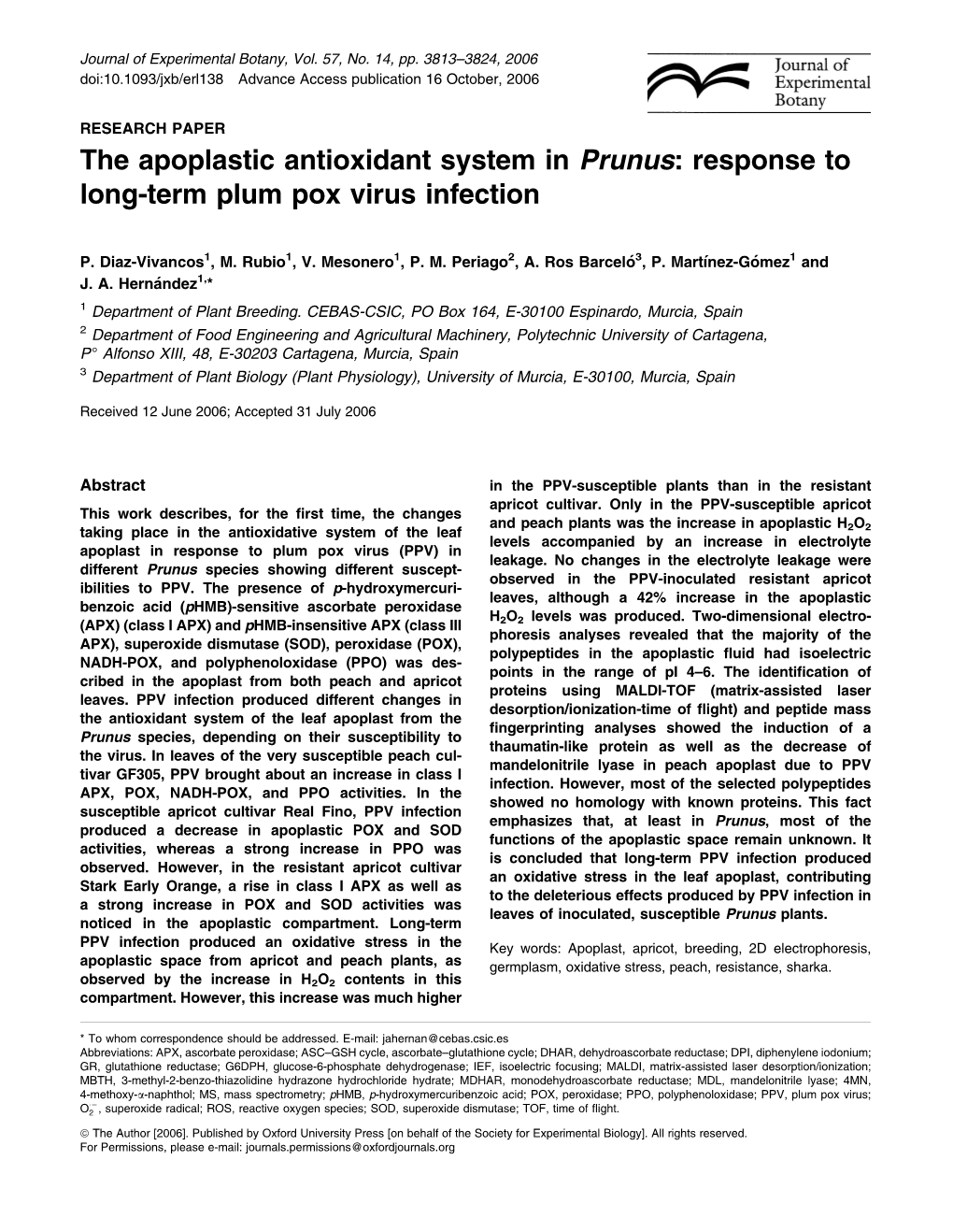 The Apoplastic Antioxidant System in Prunus: Response to Long-Term Plum Pox Virus Infection