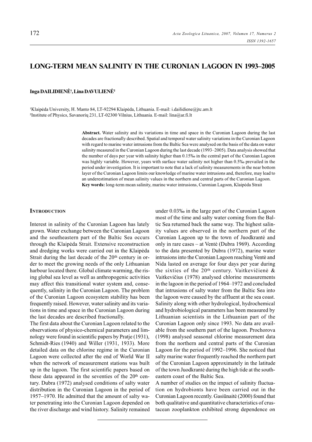 Long-Term Mean Salinity in the Curonian Lagoon in 1993–2005