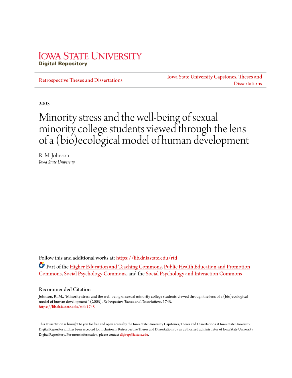 Minority Stress and the Well-Being of Sexual Minority College Students Viewed Through the Lens of a (Bio)Ecological Model of Human Development R