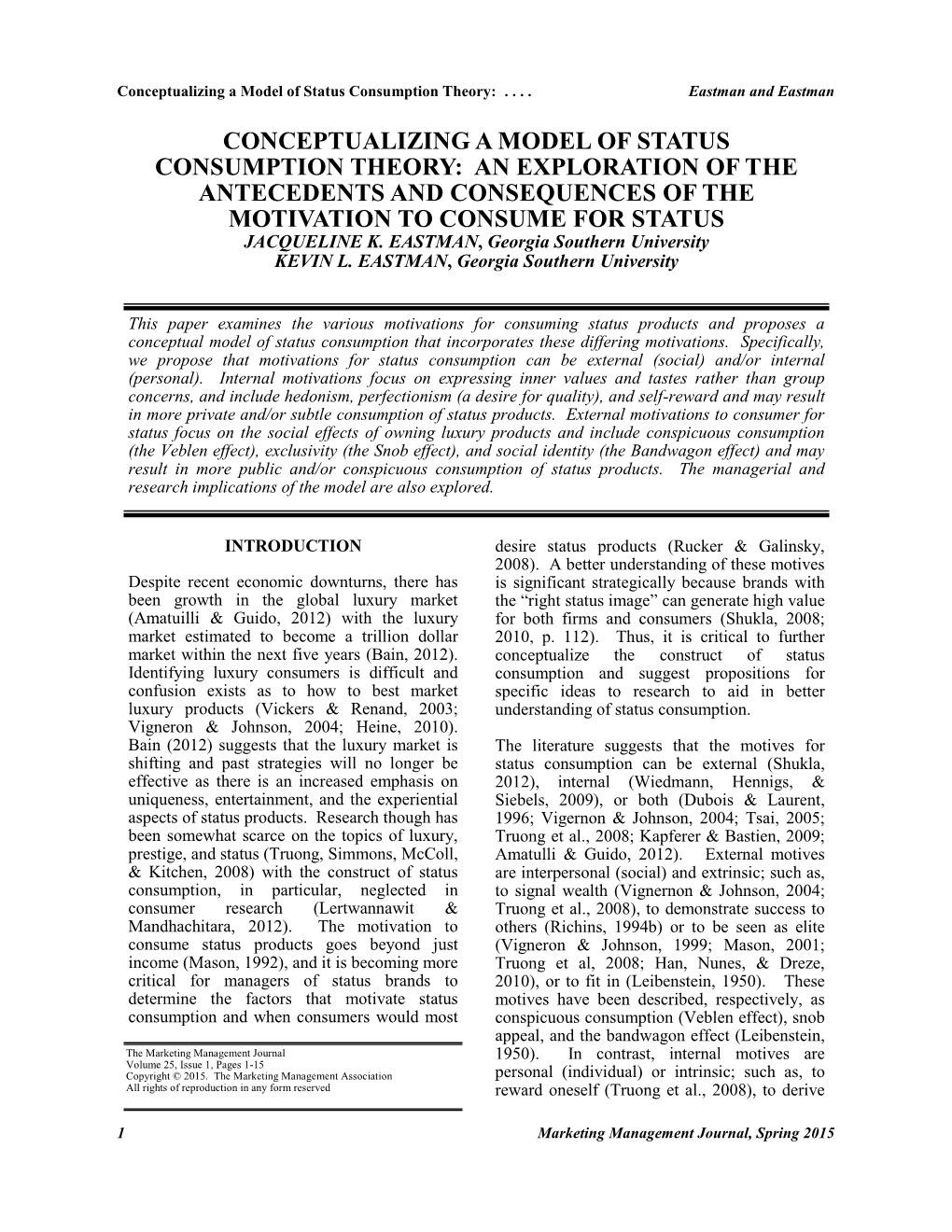 Conceptualizing a Model of Status Consumption Theory