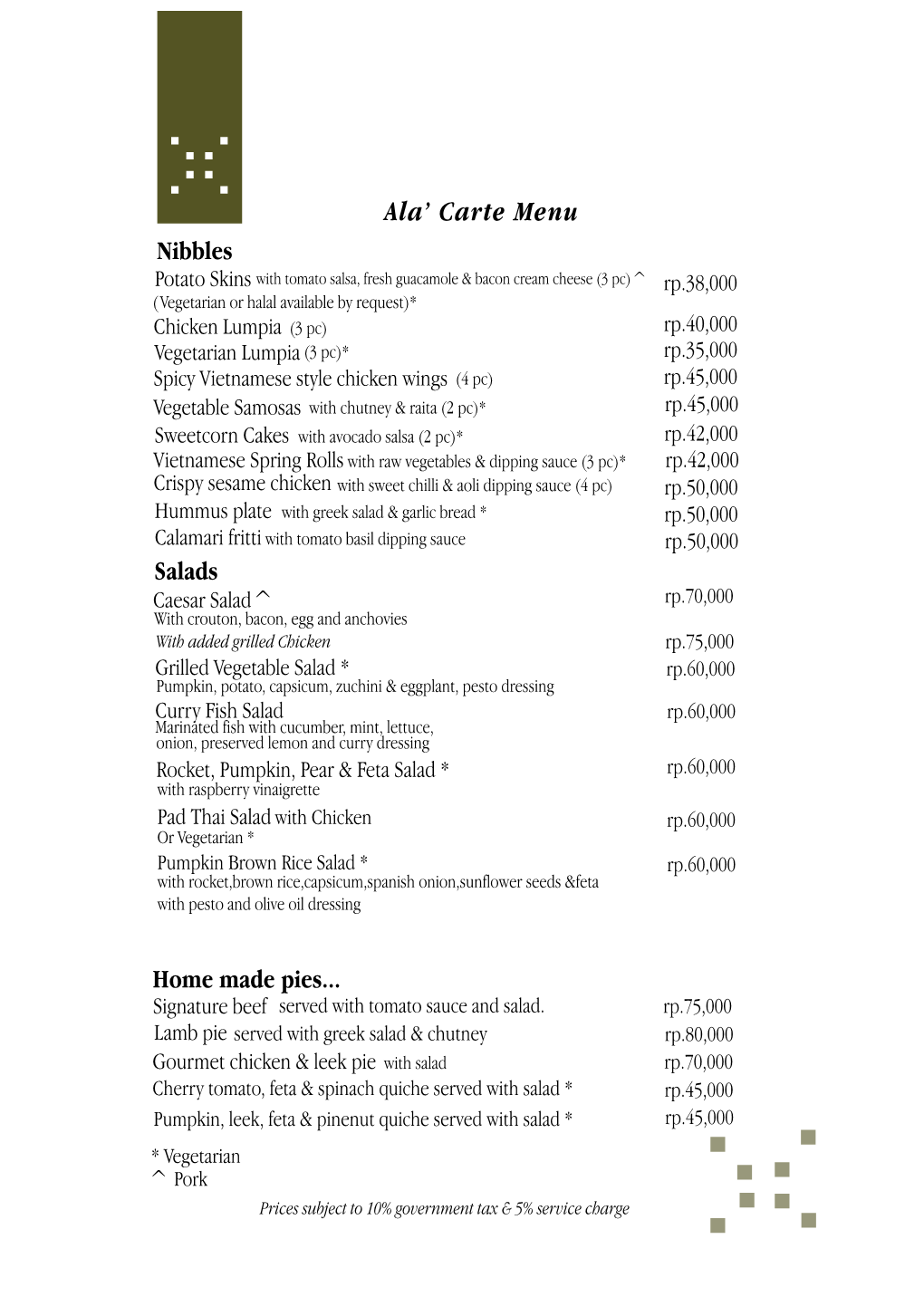 Ala' Carte Menu