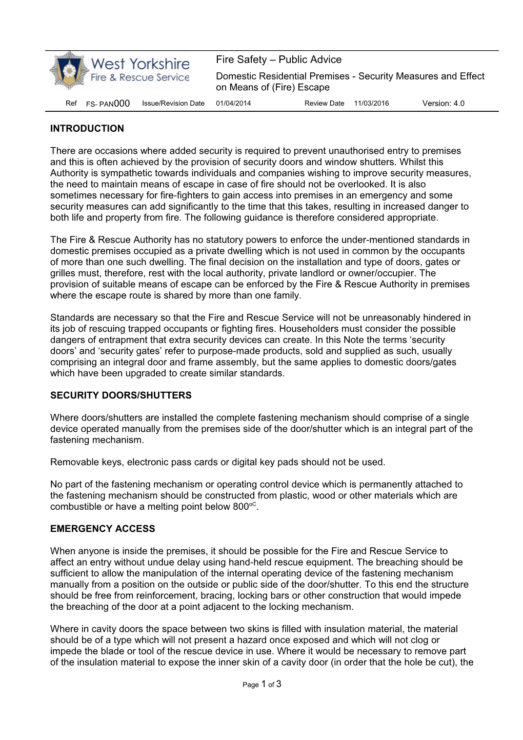 Domestic Residential Premises - Security Measures and Effect on Means of (Fire) Escape