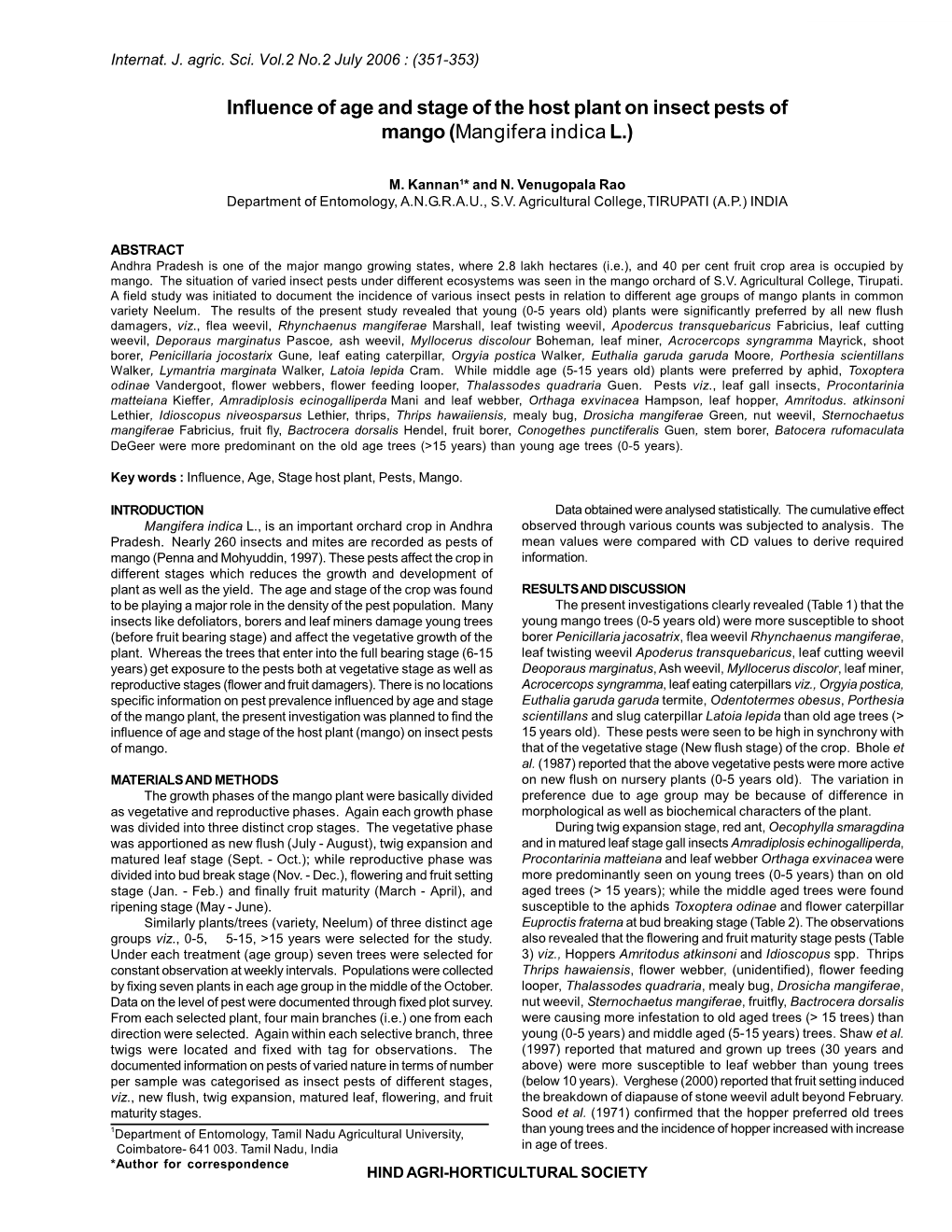 Influence of Age and Stage of the Host Plant on Insect Pests of Mango (Mangifera Indica L.)