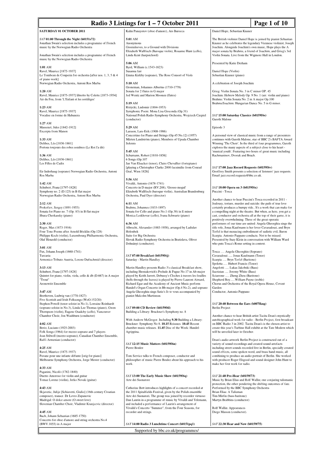 Radio 3 Listings for 1 – 7 October 2011 Page 1 of 10 SATURDAY 01 OCTOBER 2011 Kalin Panayotov (Oboe D'amore), Ars Barocca Daniel Hope, Sebastian Knauer