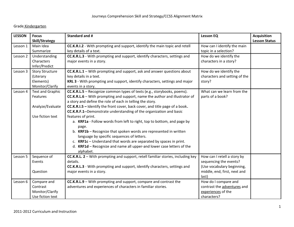 Journeys Comprehension Skill and Strategy/CCSS Alignment Matrix