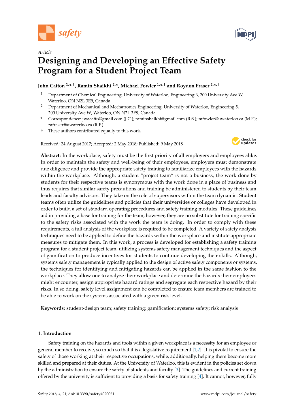Designing and Developing an Effective Safety Program for a Student Project Team