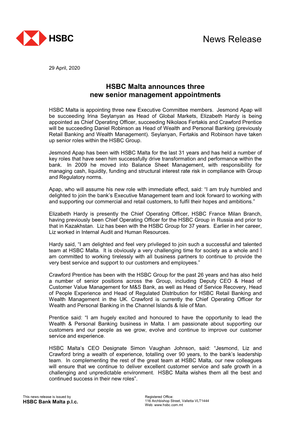 HSBC Malta Announces Three New Senior Management Appointments