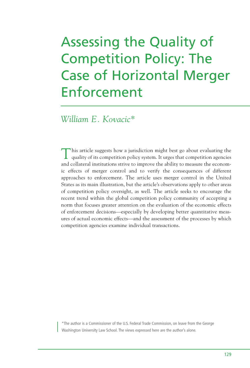 Assessing the Quality of Competition Policy: the Case of Horizontal Merger Enforcement