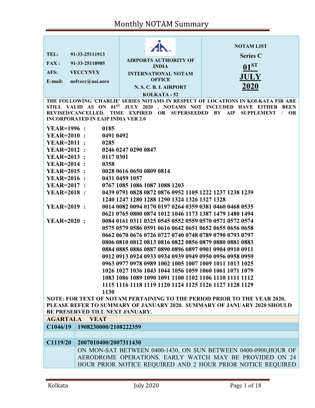 Monthly NOTAM Summary 01ST JULY 2020