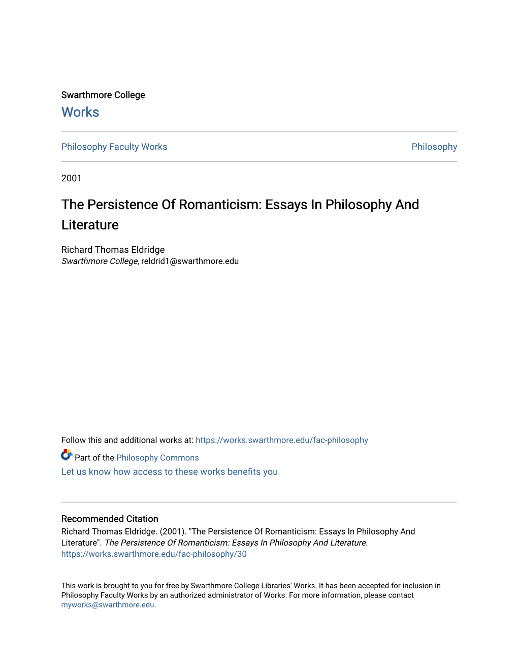 The Persistence of Romanticism: Essays in Philosophy and Literature