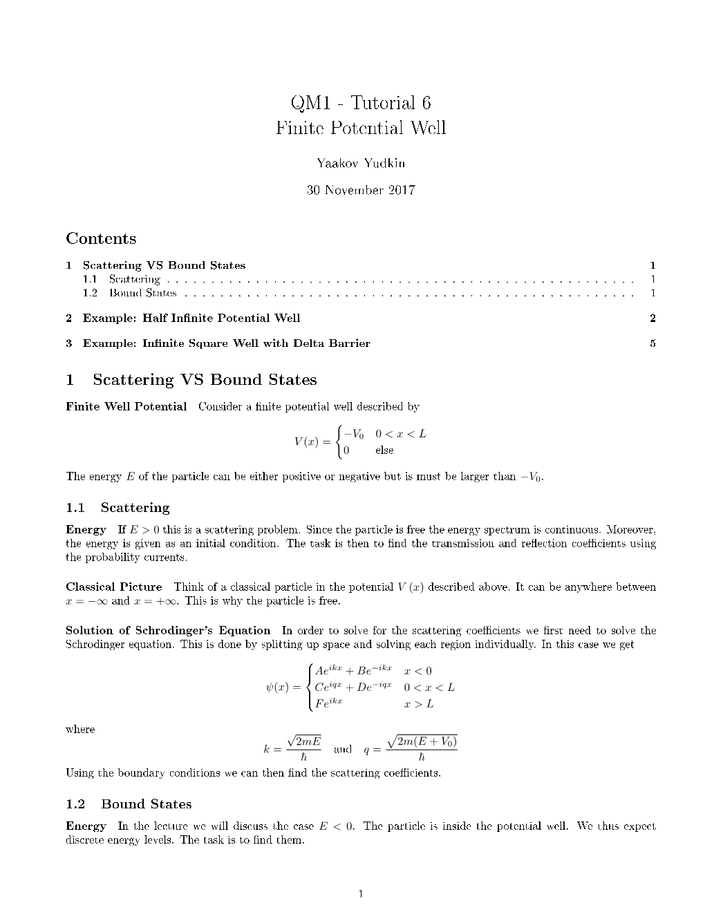 QM1 - Tutorial 6 Finite Potential Well