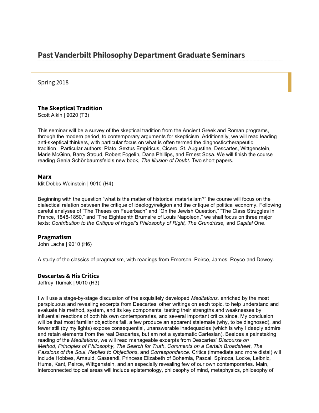 Past Vanderbilt Philosophy Department Graduate Seminars