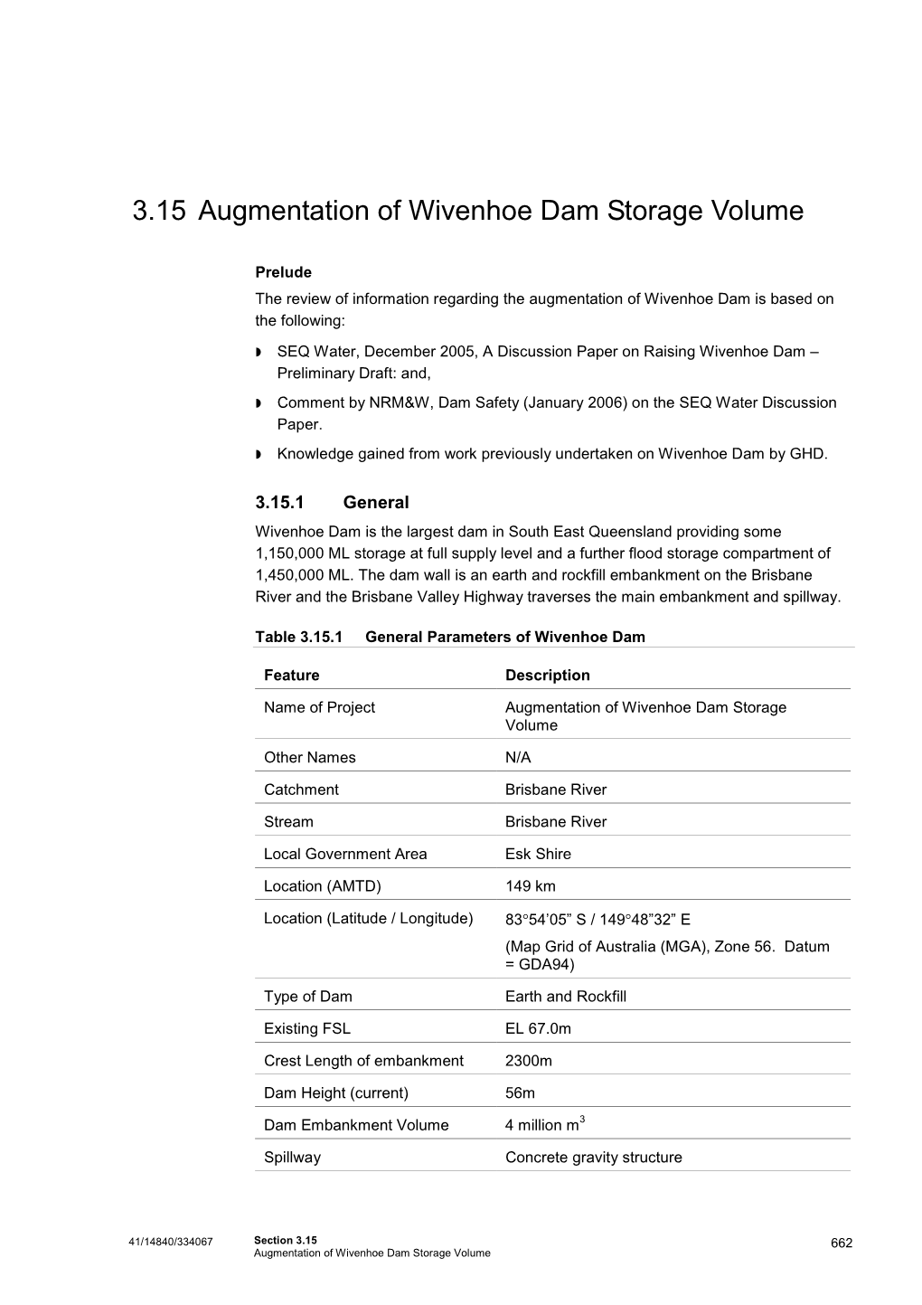 3.15 Augmentation of Wivenhoe Dam Storage Volume