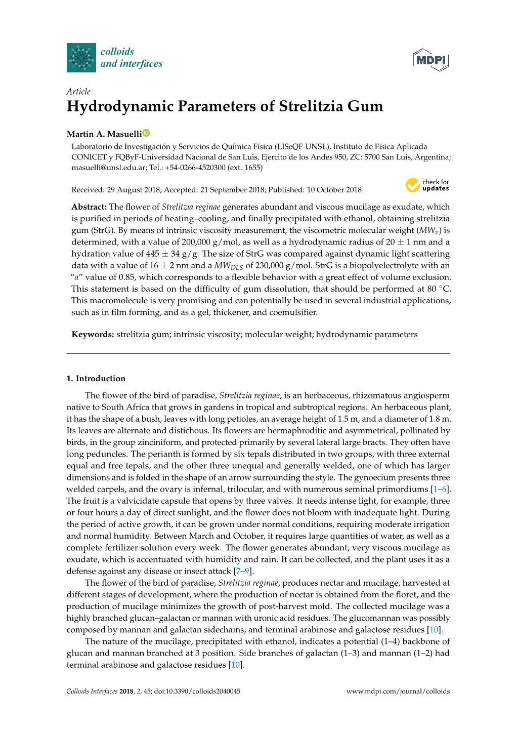 Hydrodynamic Parameters of Strelitzia Gum