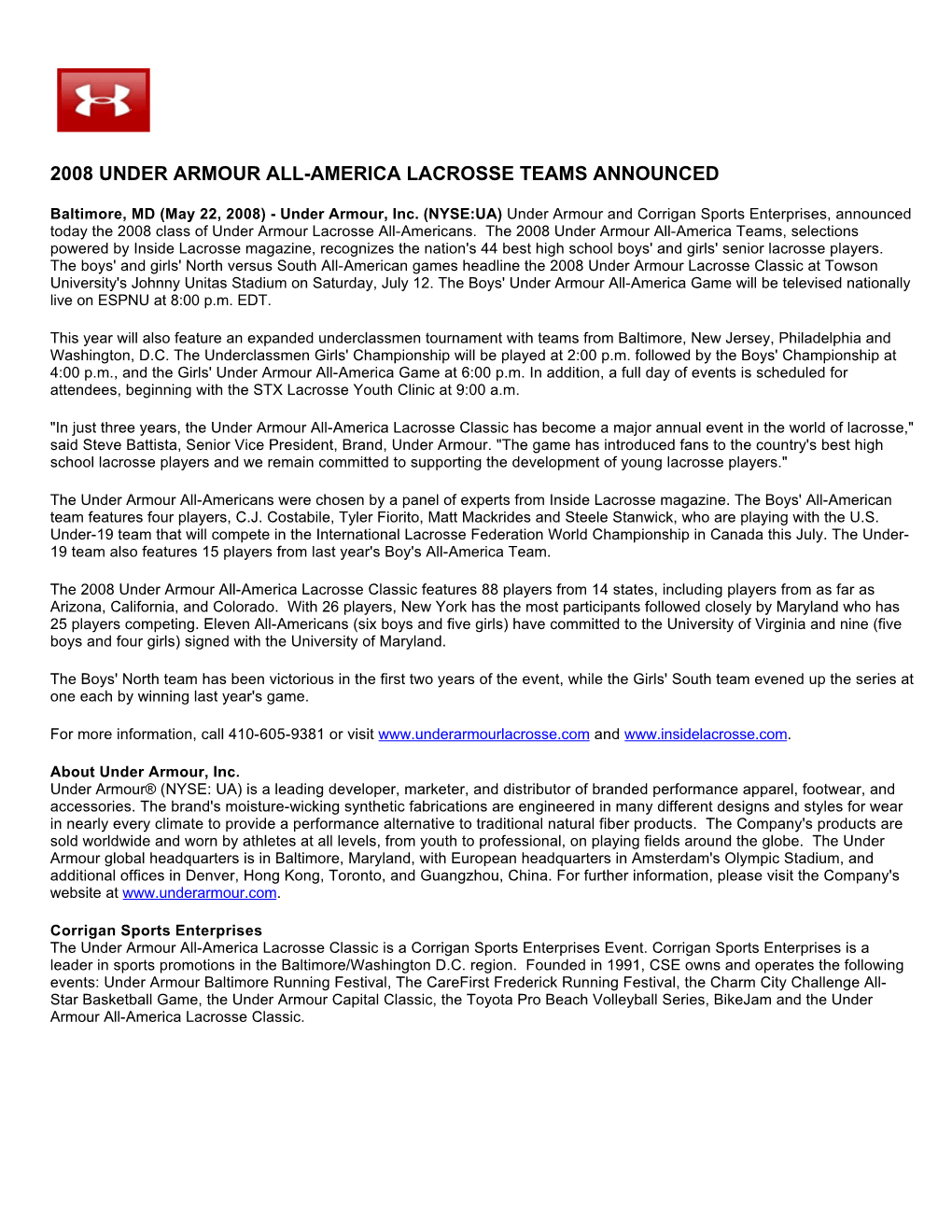 2008 Under Armour All-America Lacrosse Teams Announced