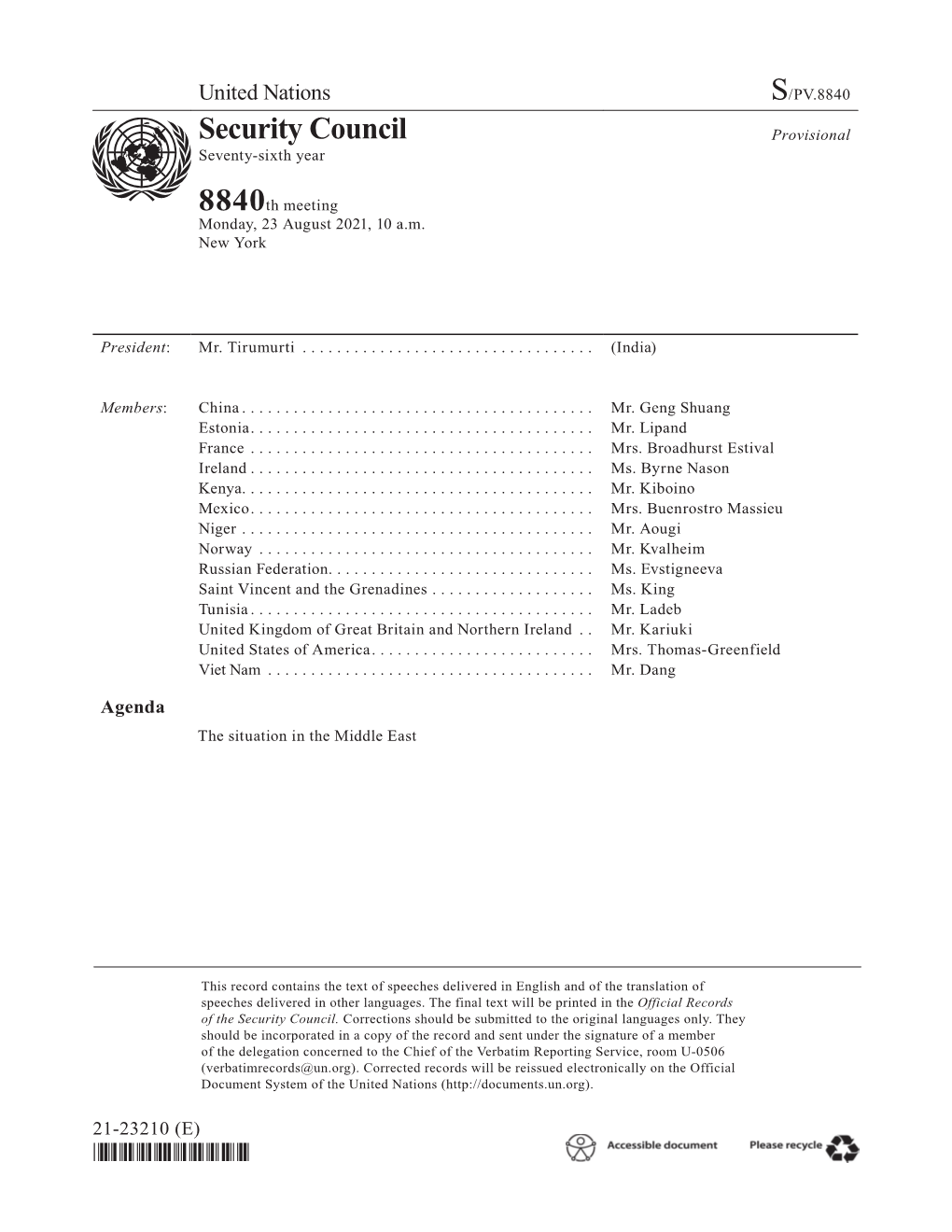 Security Council Seventy-Sixth Year 8840Th Meeting Monday, 23 August