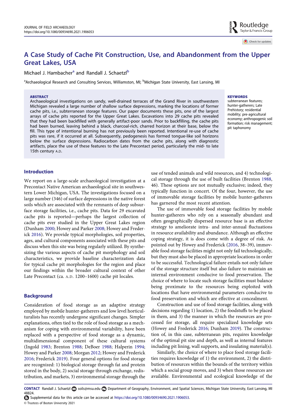 A Case Study of Cache Pit Construction, Use, and Abandonment from the Upper Great Lakes, USA