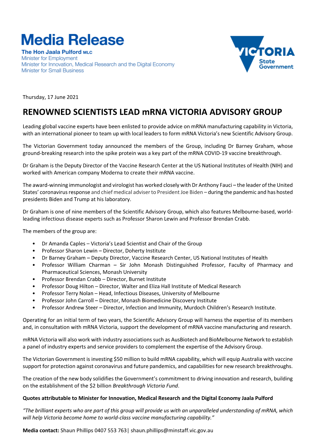 RENOWNED SCIENTISTS LEAD Mrna VICTORIA ADVISORY GROUP