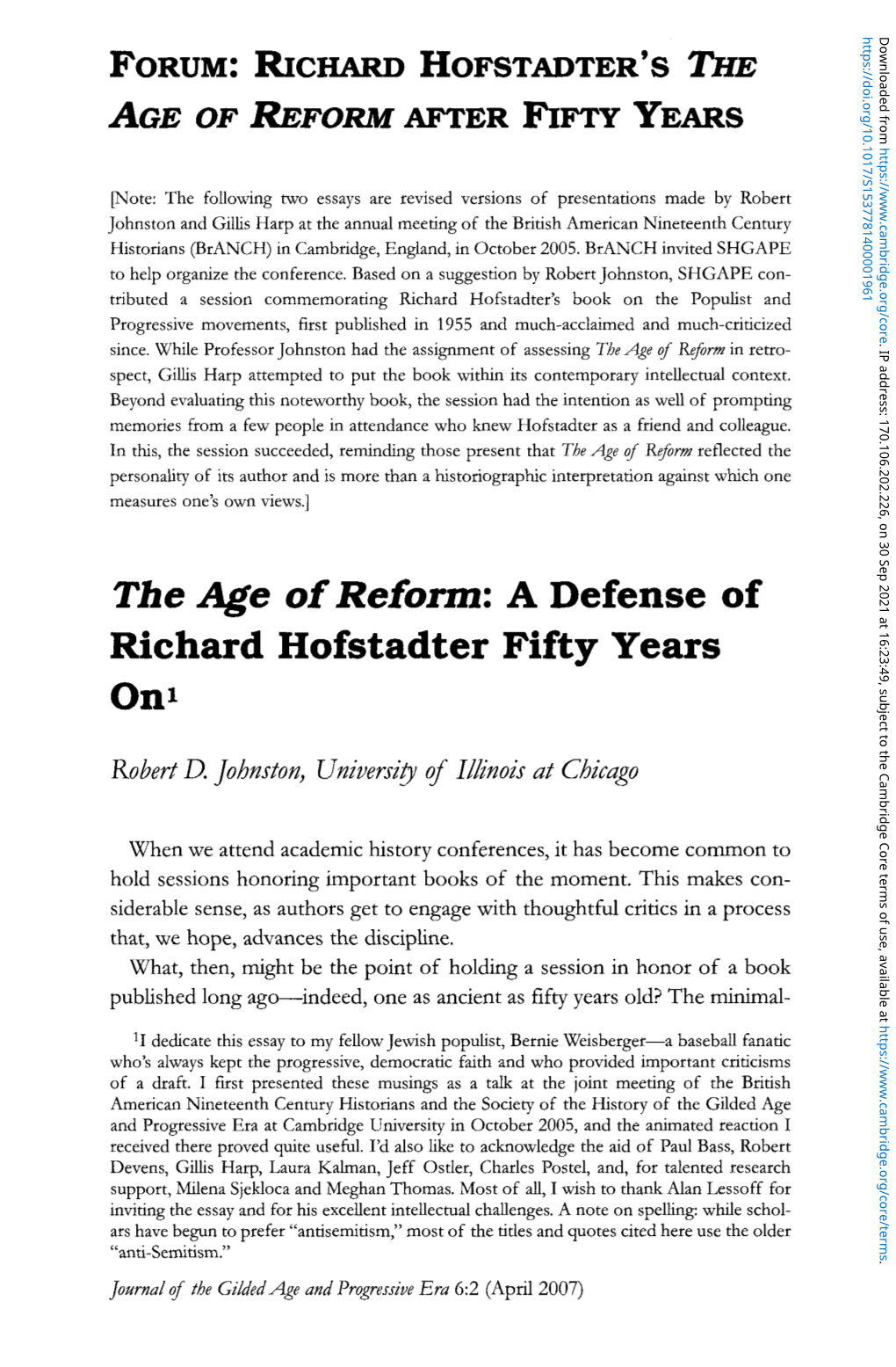 The Age of Reform: a Defense of Richard Hofstadter Fifty Years On* , Subject to the Cambridge Core Terms of Use, Available At