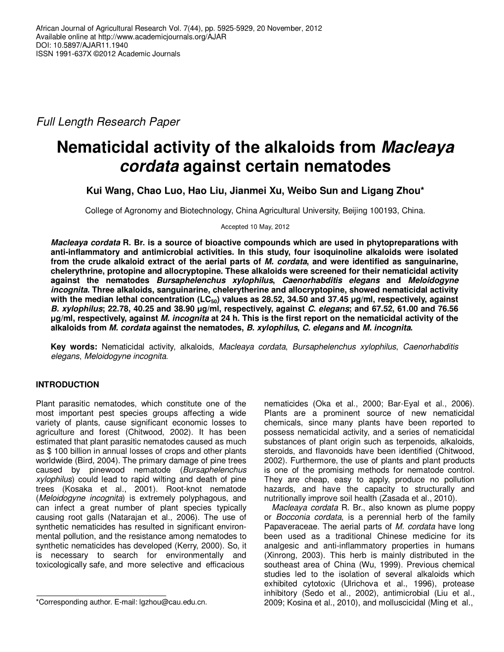 Nematicidal Activity of the Alkaloids from Macleaya Cordata Against Certain Nematodes