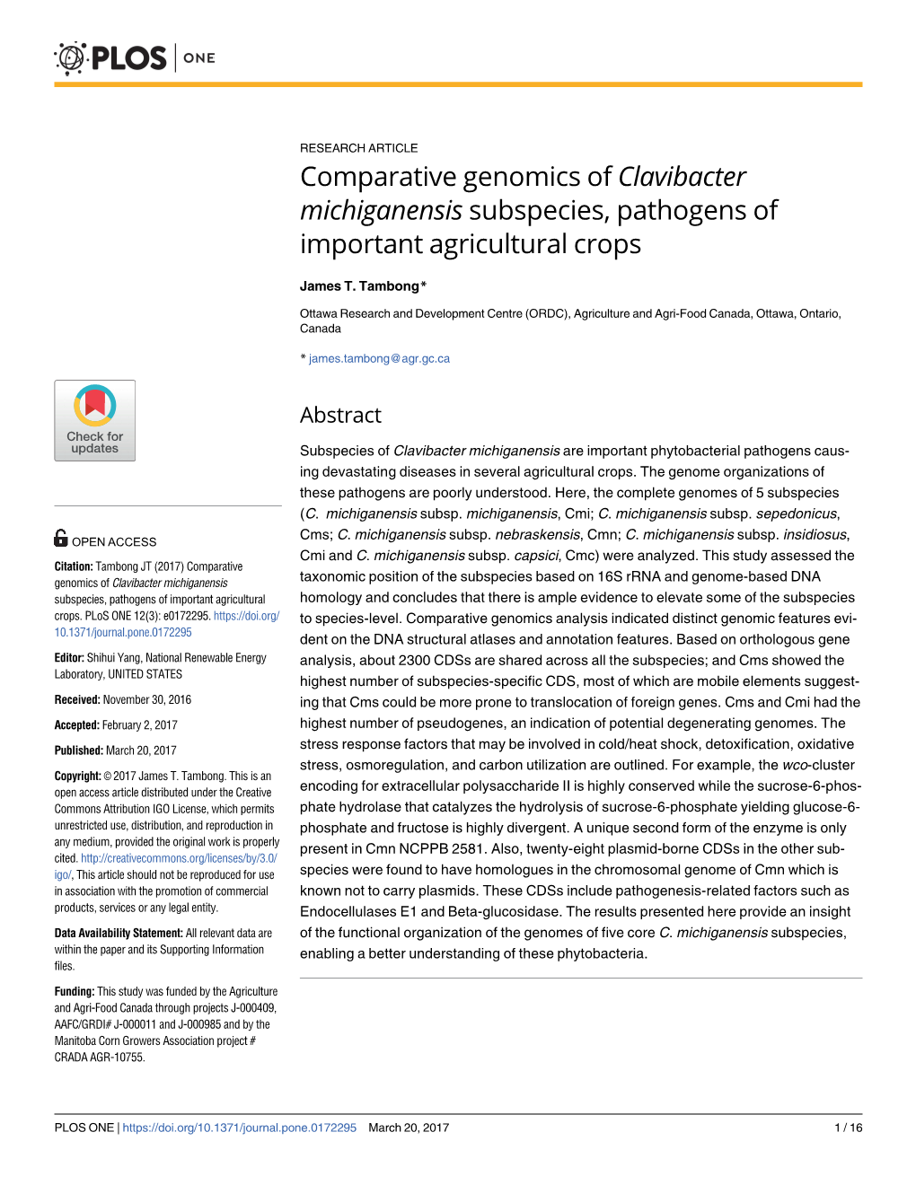Comparative Genomics of Clavibacter Michiganensis Subspecies, Pathogens of Important Agricultural Crops