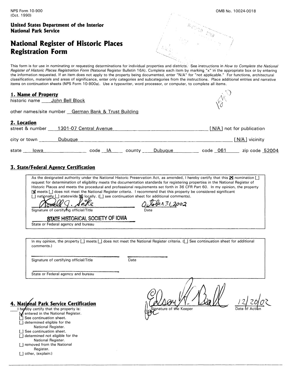 John Bell Block V\ Other Names/Site Number German Bank & Trust Building