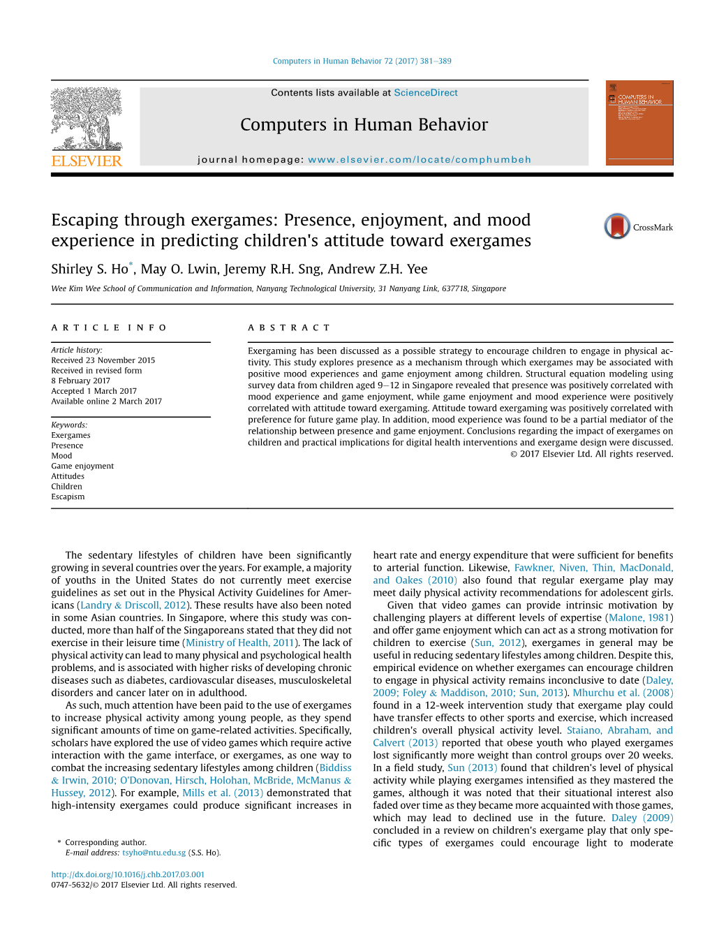 Escaping Through Exergames: Presence, Enjoyment, and Mood Experience in Predicting Children's Attitude Toward Exergames