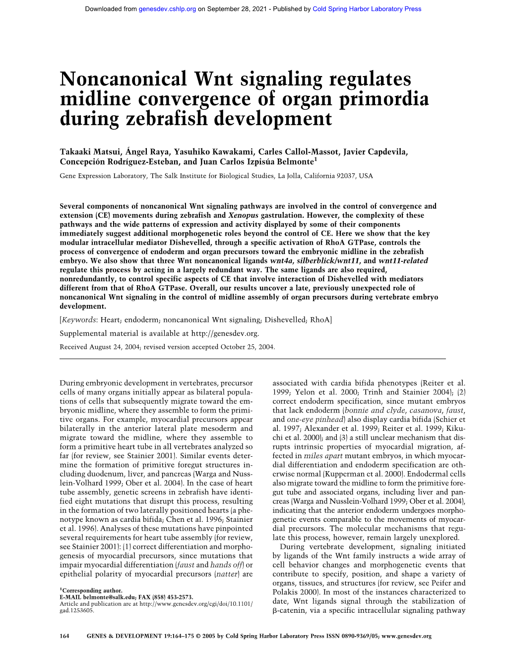 Noncanonical Wnt Signaling Regulates Midline Convergence of Organ Primordia During Zebrafish Development