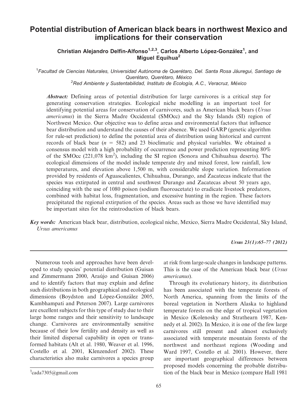 Potential Distribution of American Black Bears in Northwest Mexico and Implications for Their Conservation