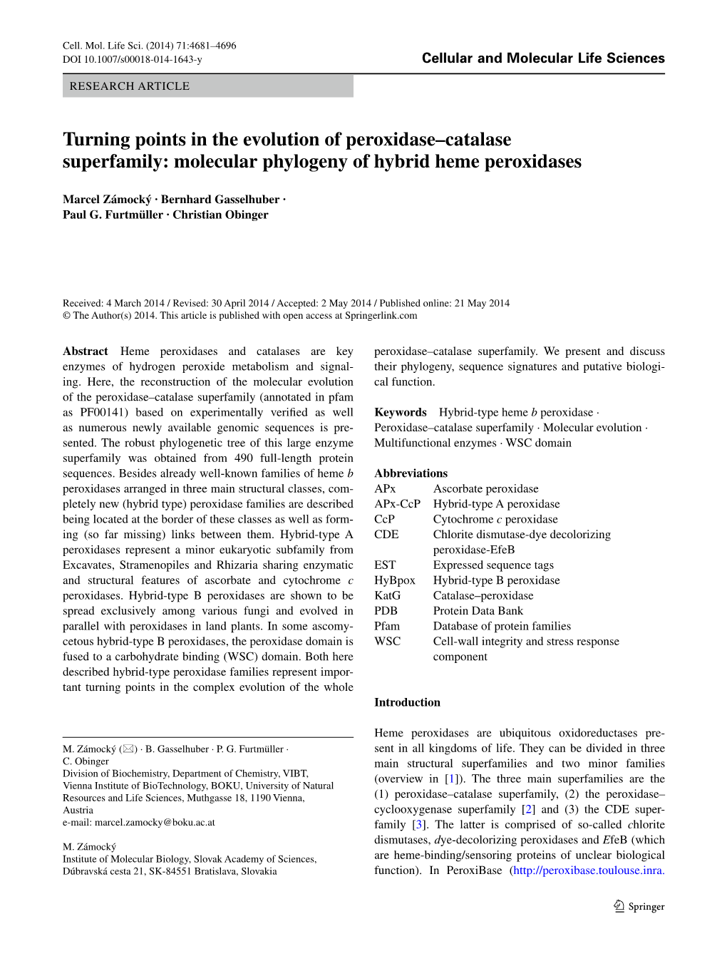 Turning Points in the Evolution of Peroxidase–Catalase Superfamily: Molecular Phylogeny of Hybrid Heme Peroxidases