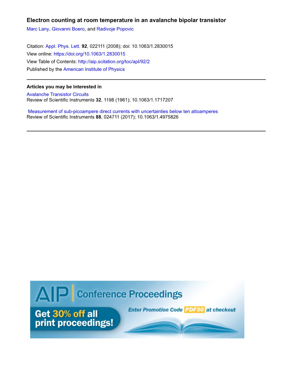 Electron Counting at Room Temperature in an Avalanche Bipolar Transistor Marc Lany, Giovanni Boero, and Radivoje Popovic