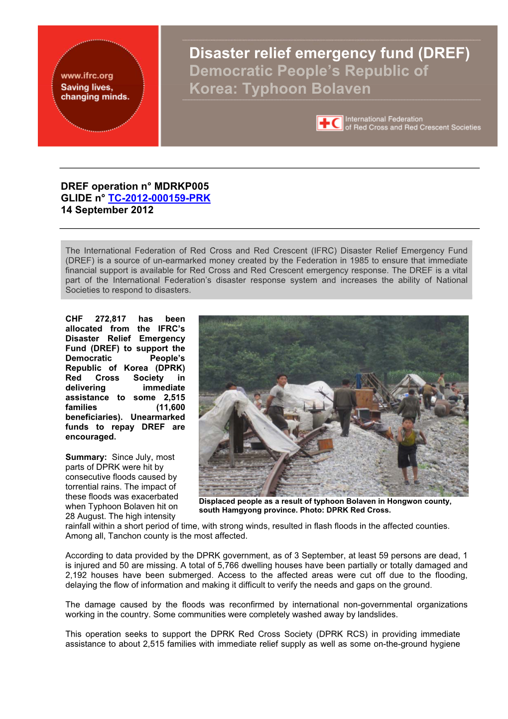 Disaster Relief Emergency Fund (DREF) Democratic People’S Republic of Korea: Typhoon Bolaven