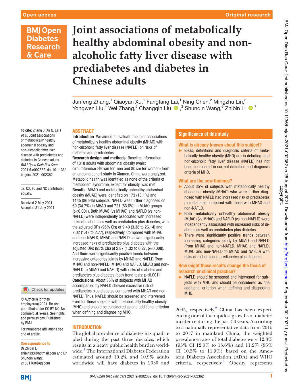 Joint Associations of Metabolically Healthy Abdominal Obesity and Non-­ Alcoholic Fatty Liver Disease with Prediabetes and Diabetes in Chinese Adults