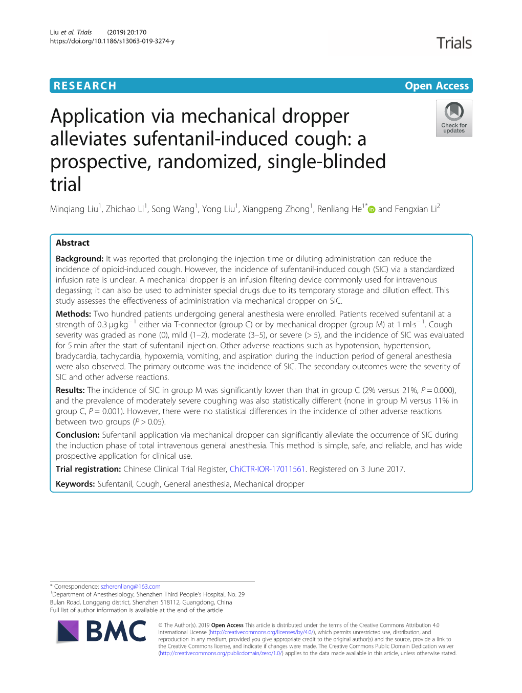 Application Via Mechanical Dropper Alleviates Sufentanil-Induced Cough