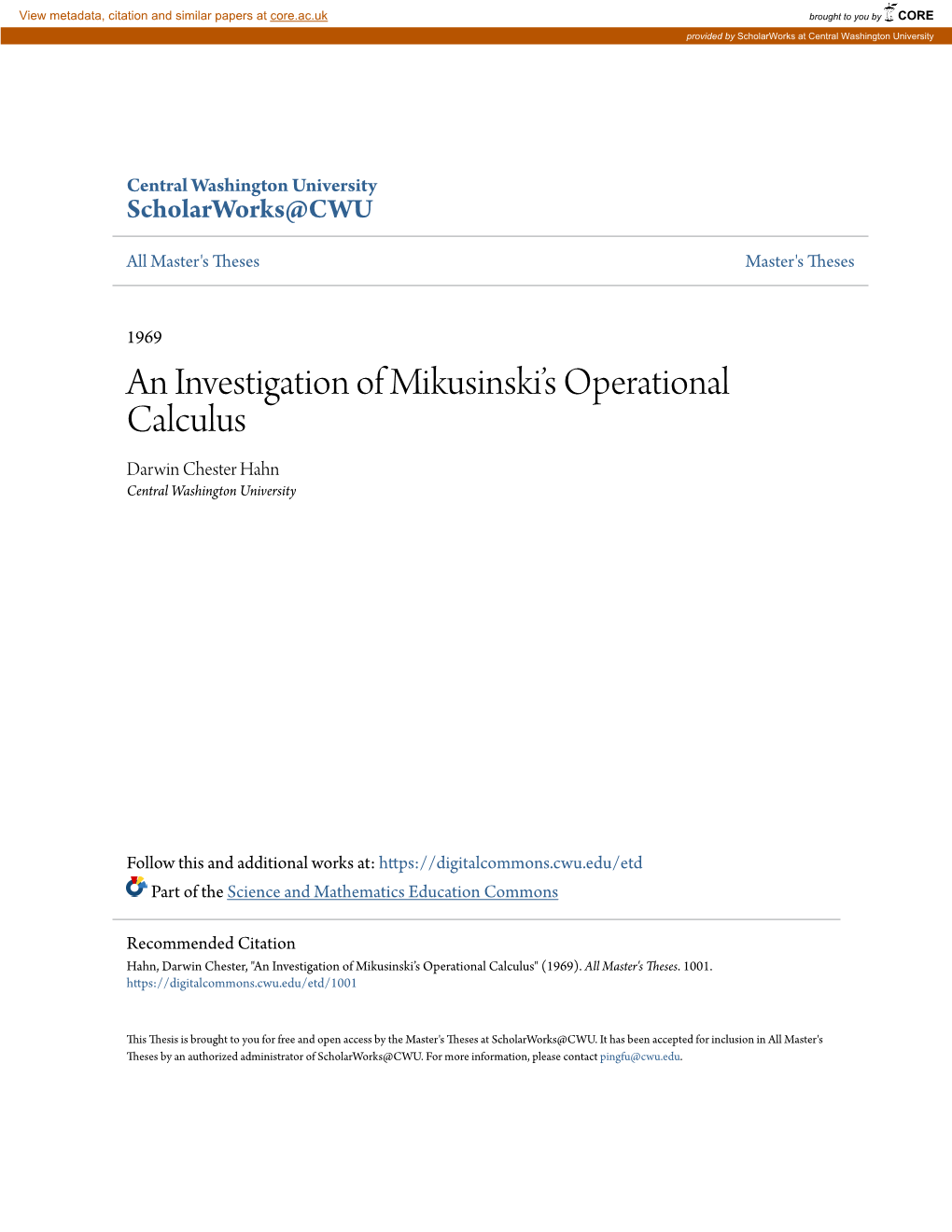 An Investigation of Mikusinski's Operational Calculus