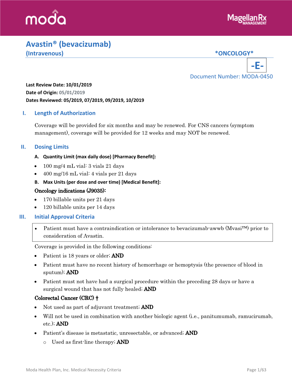 Avastin® (Bevacizumab) (Last Updated 10/2019)