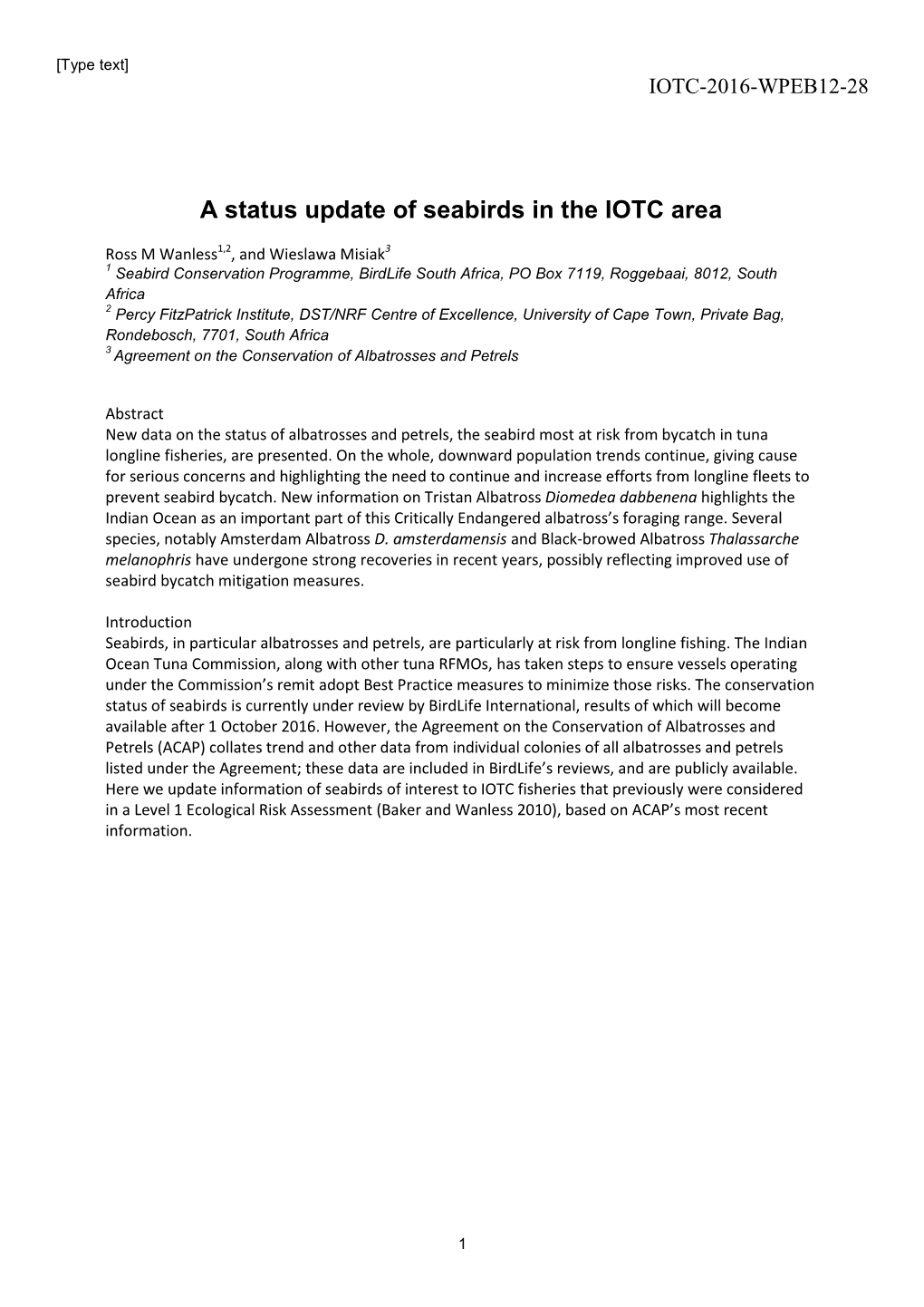 A Status Update of Seabirds in the IOTC Area