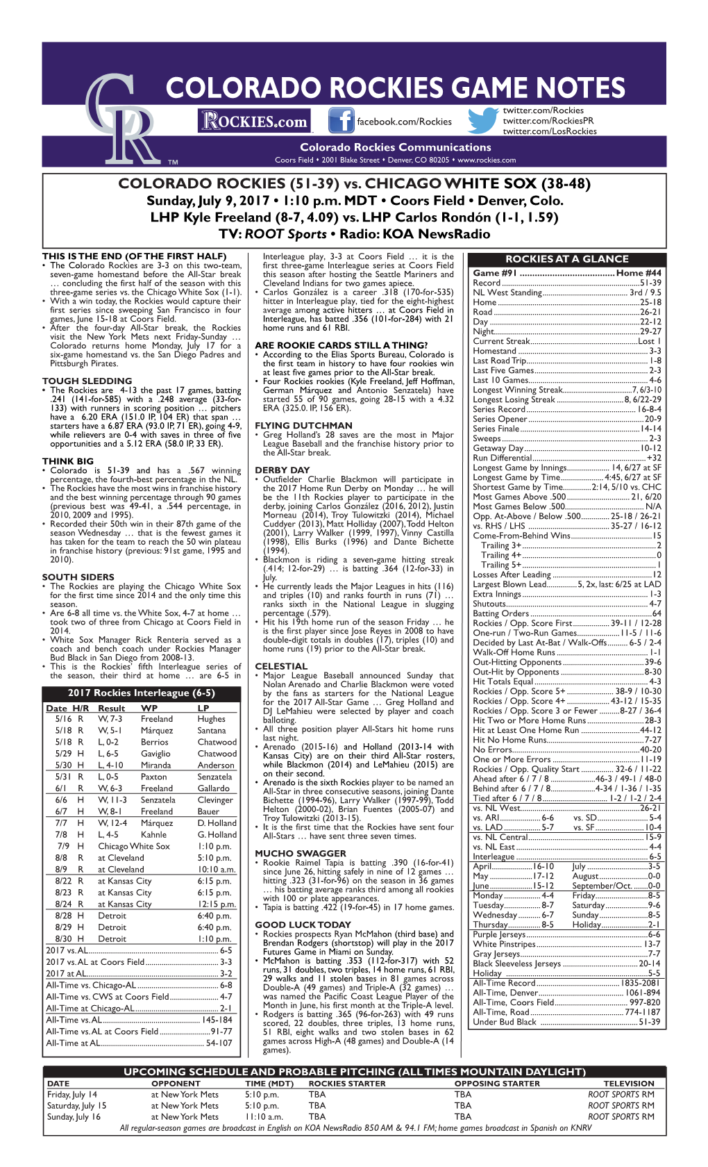 Colorado Rockies Game Notes