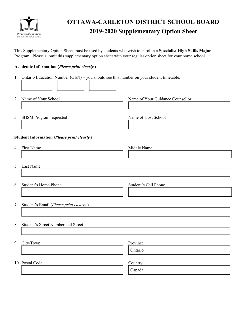 OTTAWA-CARLETON DISTRICT SCHOOL BOARD 2019-2020 Supplementary Option Sheet