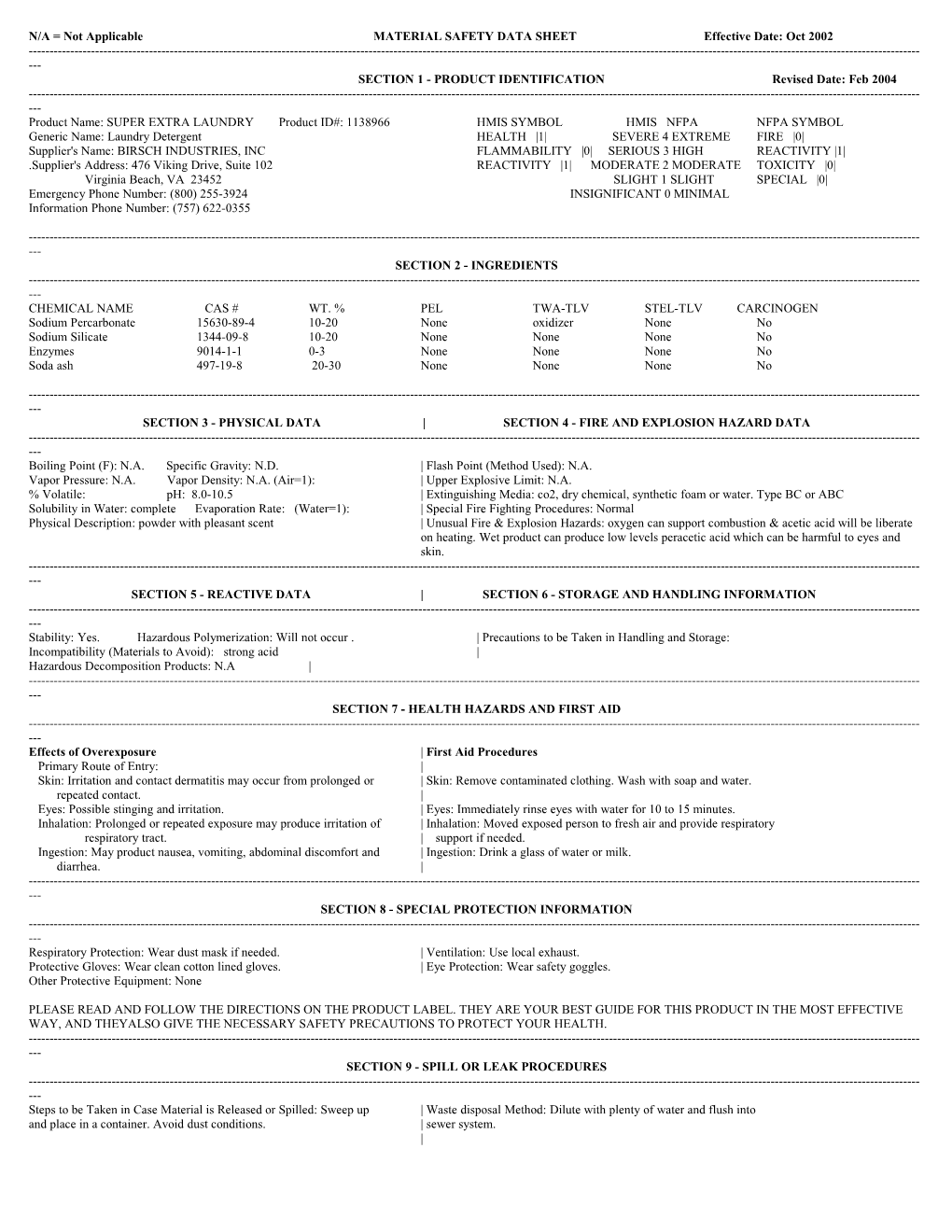 N/A = Not Applicable MATERIAL SAFETY DATA SHEET