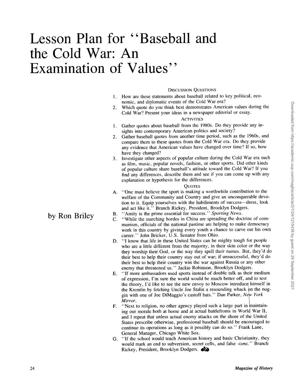 Lesson Plan For' 'Baseball and the Cold War: an Examination of Values"