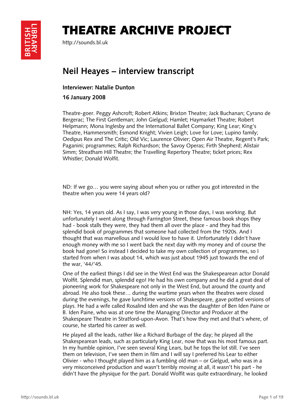 Theatre Archive Project: Interview with Neil Heayes