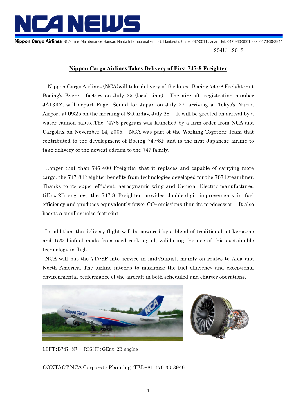 Nippon Cargo Airlines Takes Delivery of First 747-8 Freighter