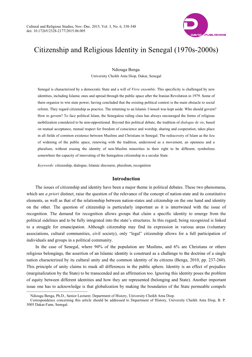 Citizenship and Religious Identity in Senegal (1970S-2000S)